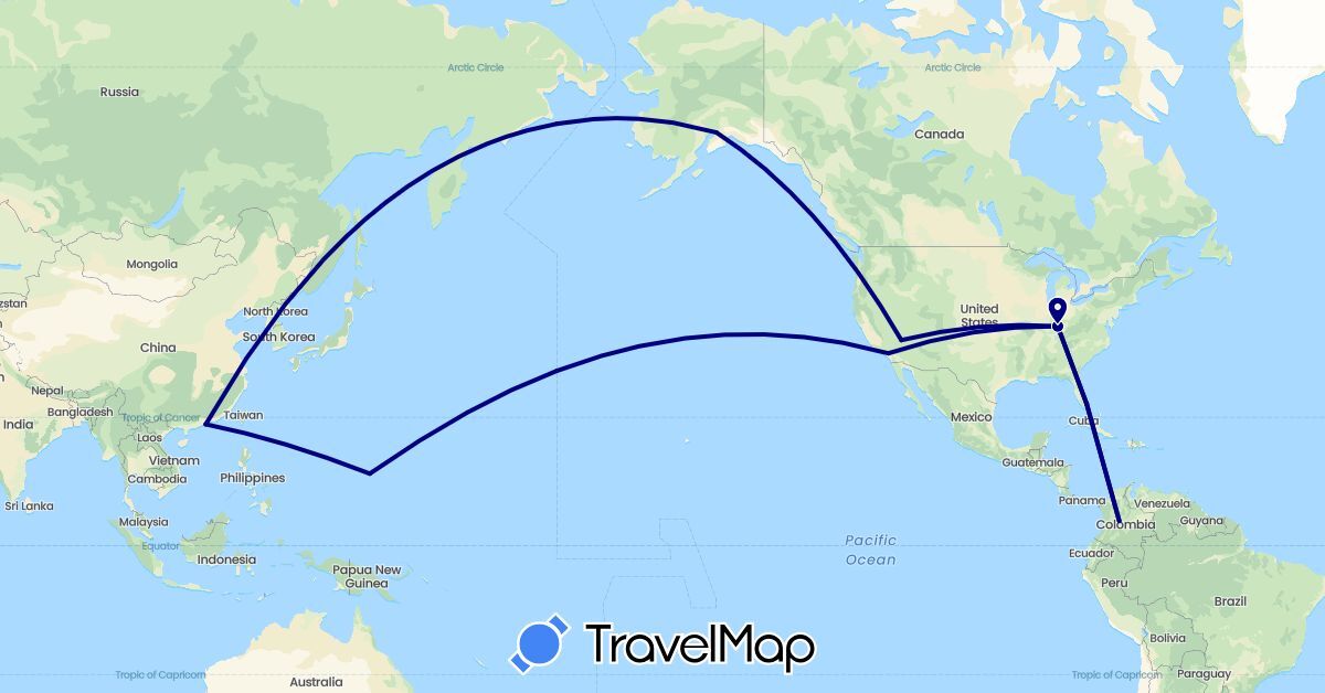 TravelMap itinerary: driving in China, Colombia, United States (Asia, North America, South America)